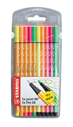 Fineliner Pen 68 & Felt tip 88 Set Neon Wallet x10 Stabilo