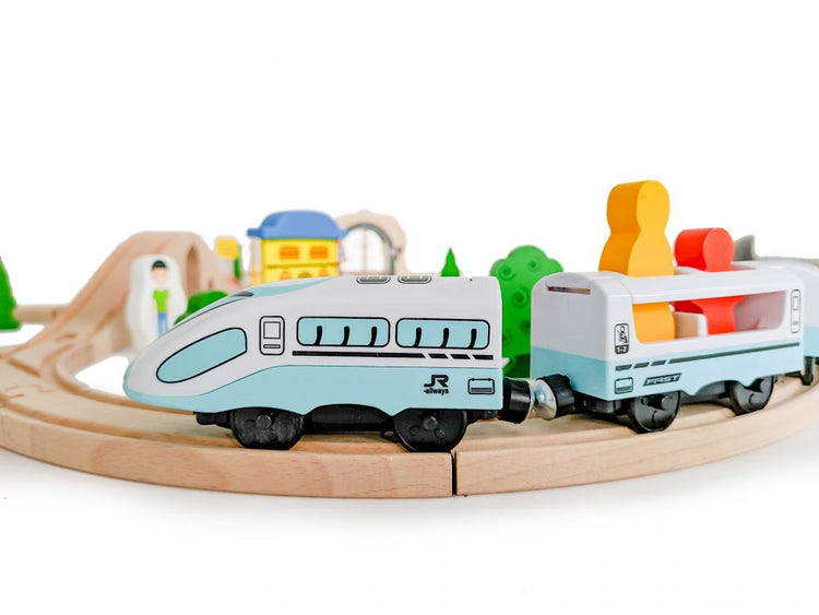 Wooden train track set battery operated