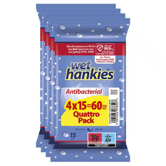 Hankies Antibacterial Wipes 4 packs x15pcs
