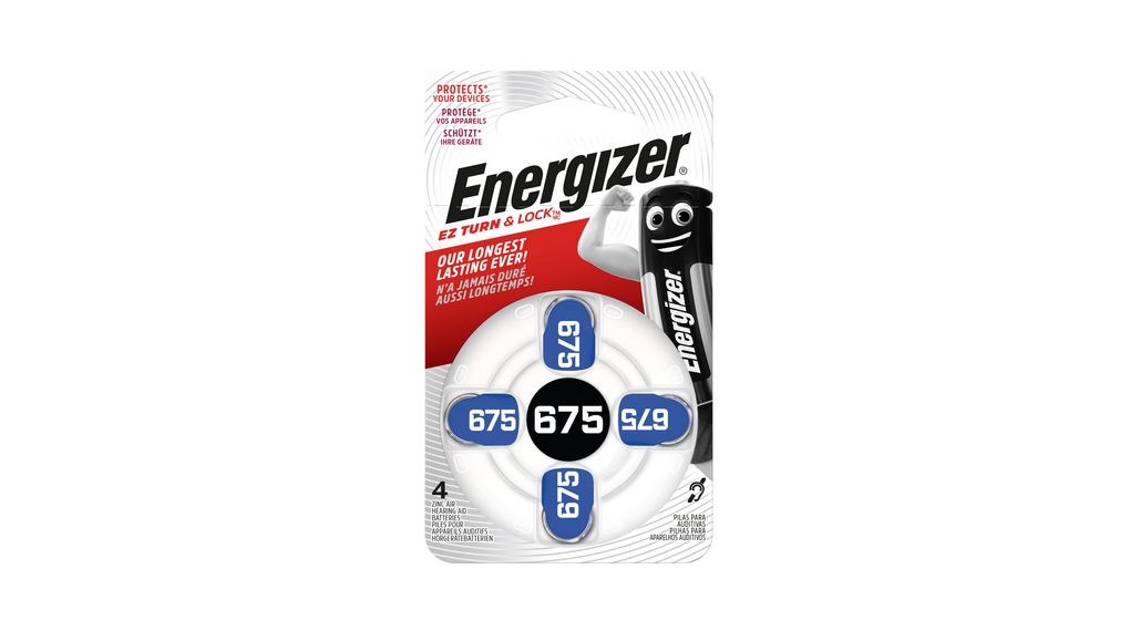 Energizer Hearing Aid Battery, Zinc-Air, 1.4V, 550mAh, Pack of 4 pieces