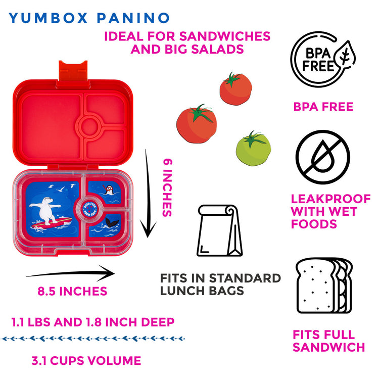 Yumbox Leakproof Sandwich friendly Bento box - Panino 4-sections Roar red / Polar bear tray