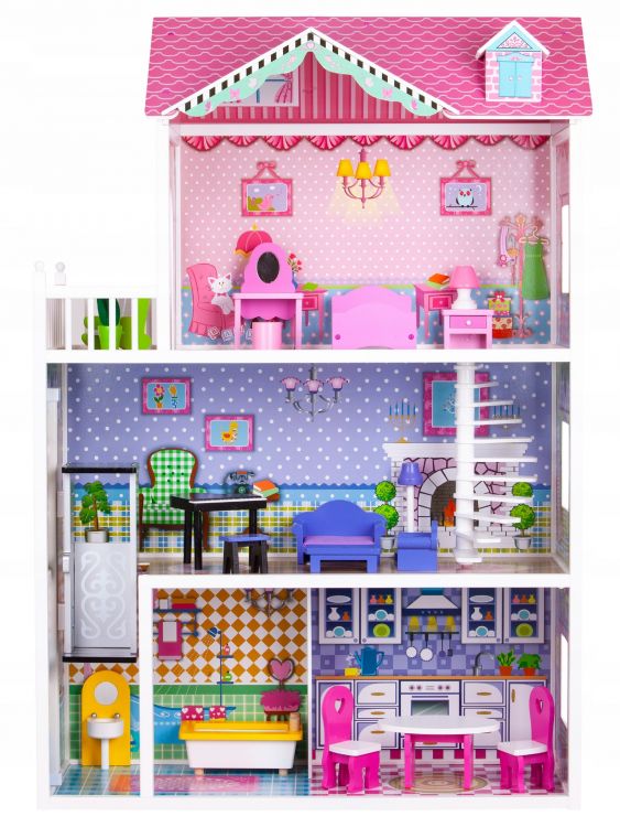 Large Wooden doll house with 17 accessories (for dolls up to 29cm)