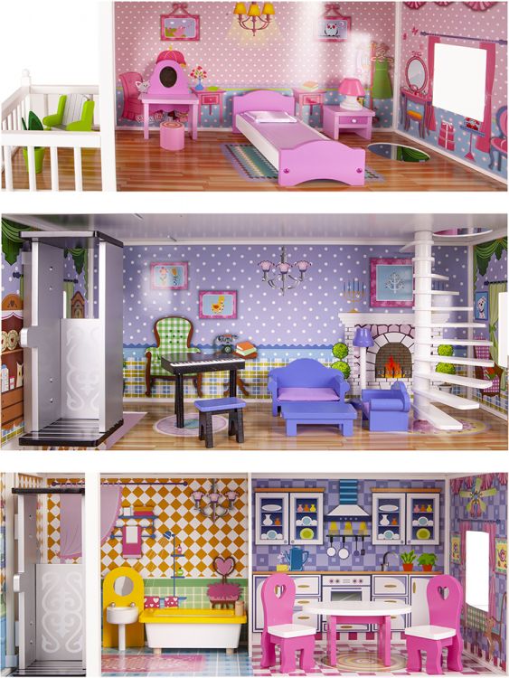 Large Wooden doll house with 17 accessories (for dolls up to 29cm)