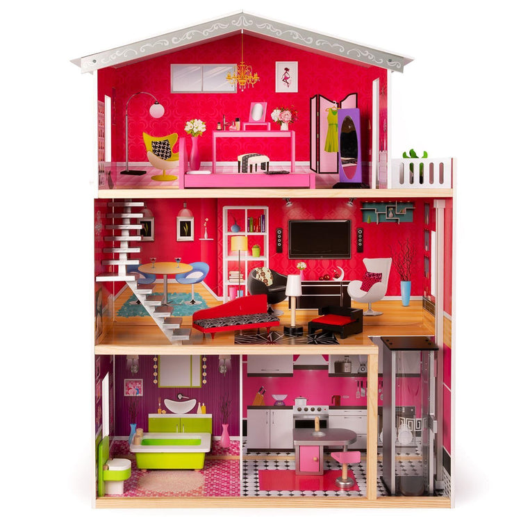 **LAST 2** Wooden doll house with lift and 10 accessories (for dolls up to 29cm)