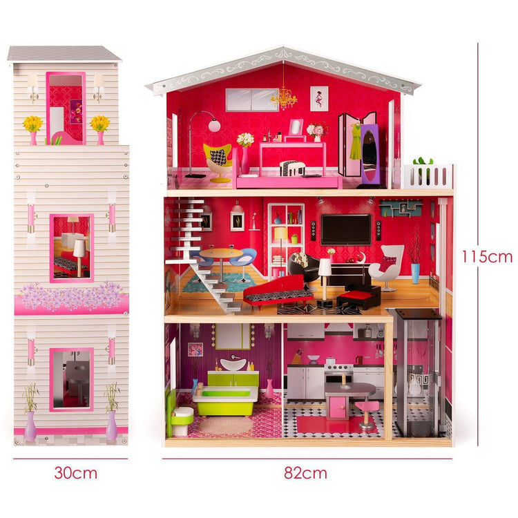 **LAST 2** Wooden doll house with lift and 10 accessories (for dolls up to 29cm)
